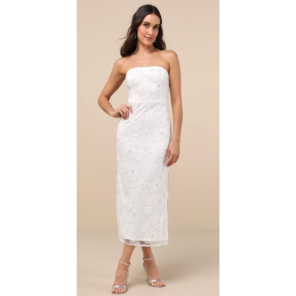 Lulus NWOT Loving Mentality White Tulle Beaded Strapless Midi Dress Formal S - Picture 1 of 8